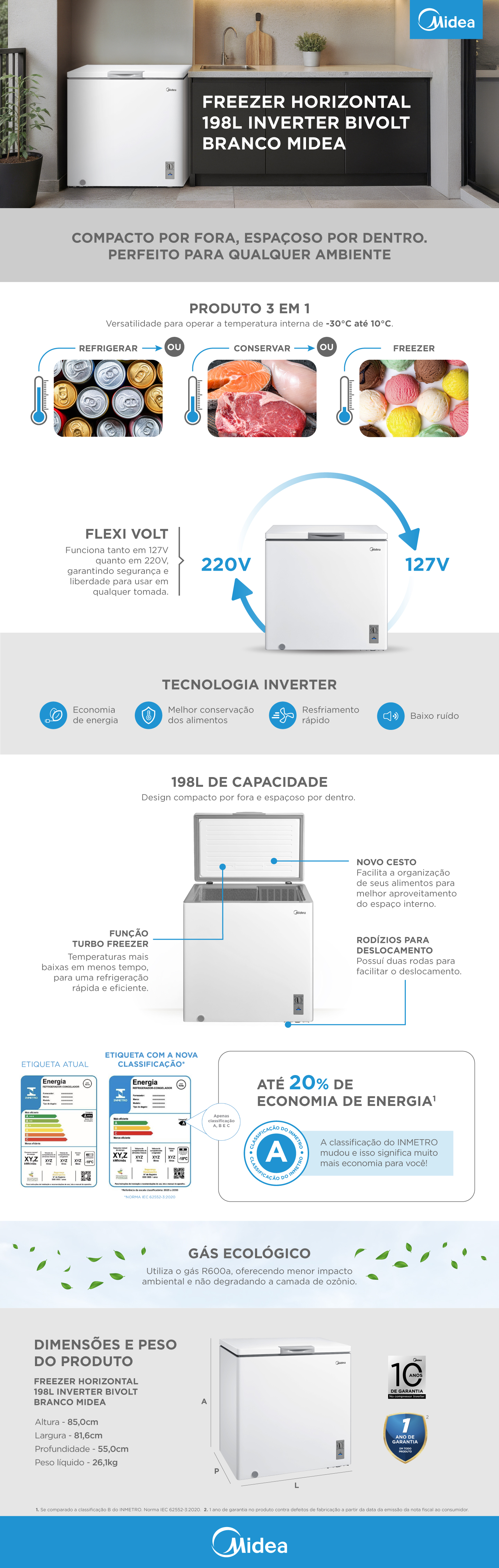 冷凍ADL30 S20 SM20 M20 Freezer Horizontal 198L Inverter Bivolt Branco | Midea