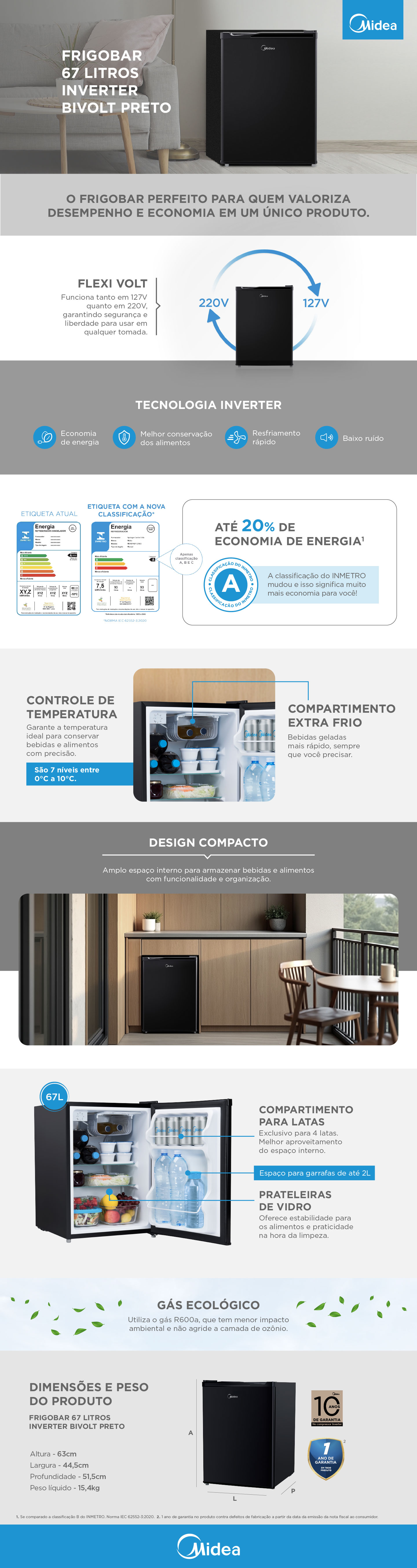 Frigobar Preto 67 Litros Inverter Bivolt | Midea