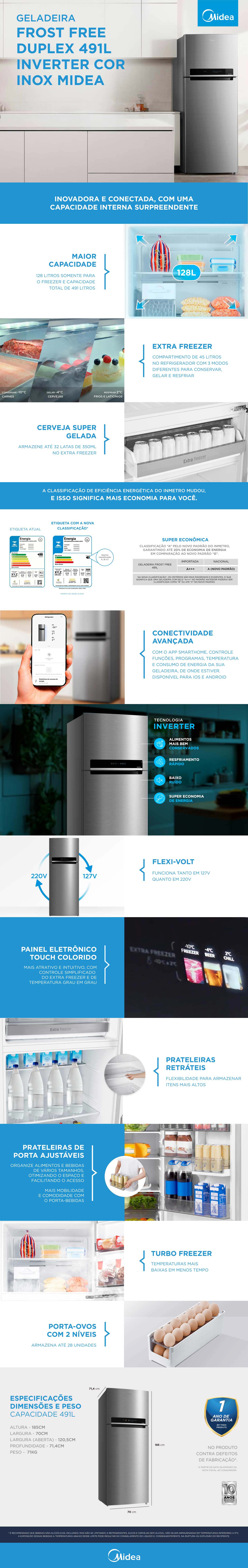 Geladeira Frost Free Duplex 491L Inverter Inox | Midea