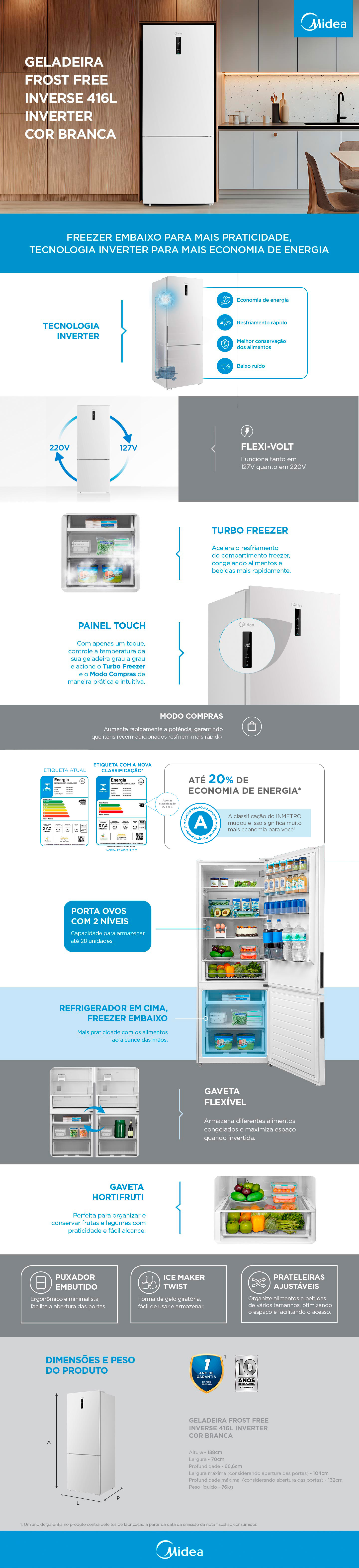 Geladeira Frost Free Inverse Branca 416L Inverter | Midea | Midea