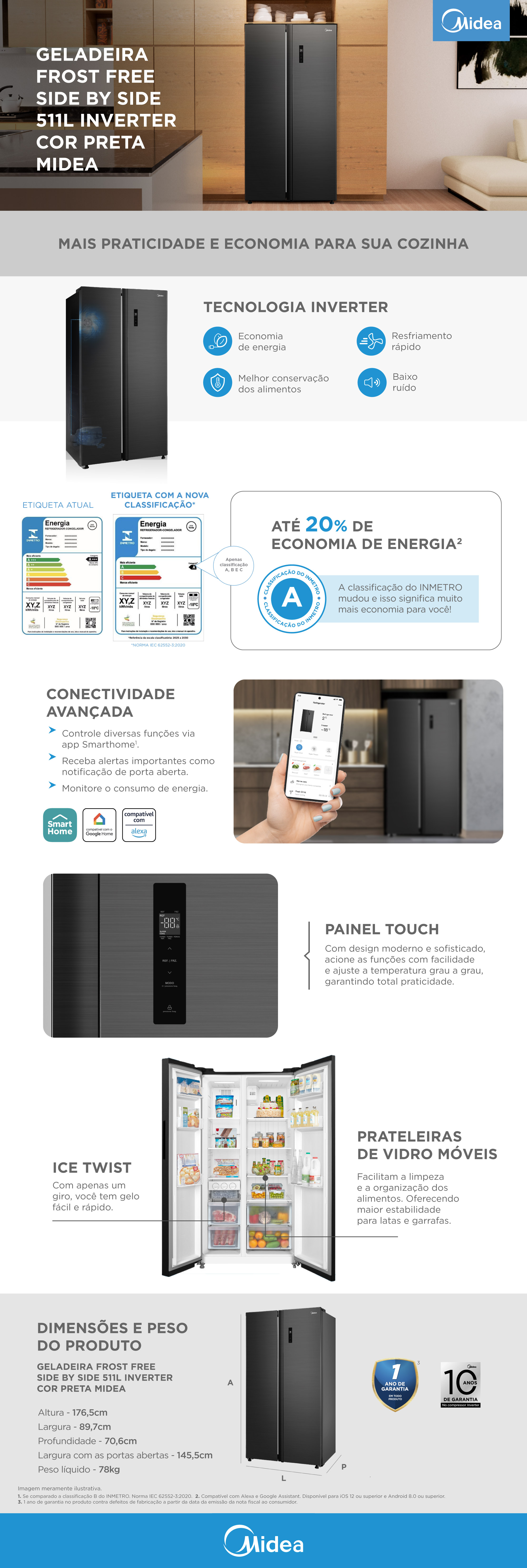 Blackish House sideA、sideB Geladeira Side by Side 511L Inverter Preta | Midea | Midea