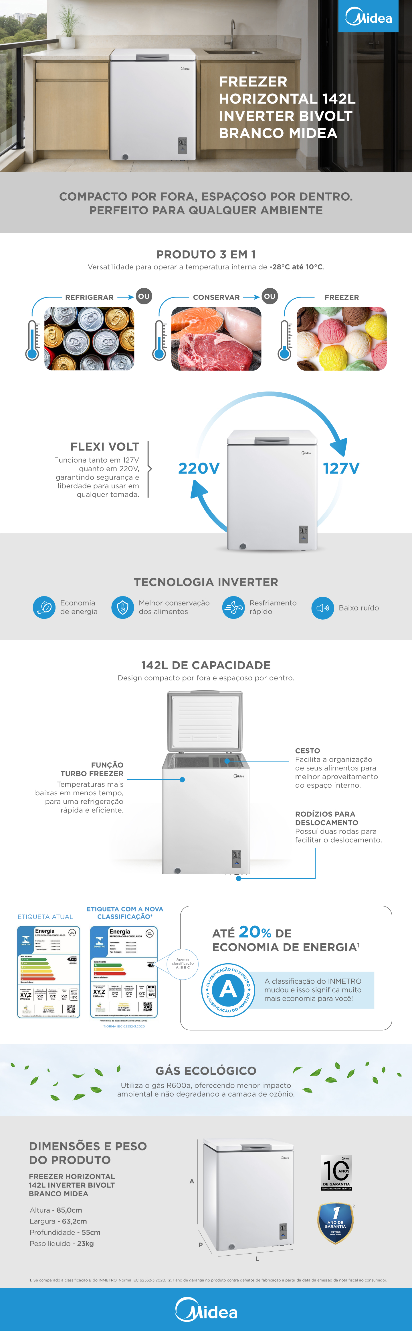 まるたろう Freezer Horizontal 142L Inverter Bivolt Branco | Midea